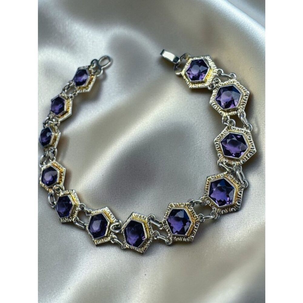 ANTIQUE- 10K White Gold -Art Deco -Hexagonal Amethyst Bracelet - 7" -7.5g ca1920